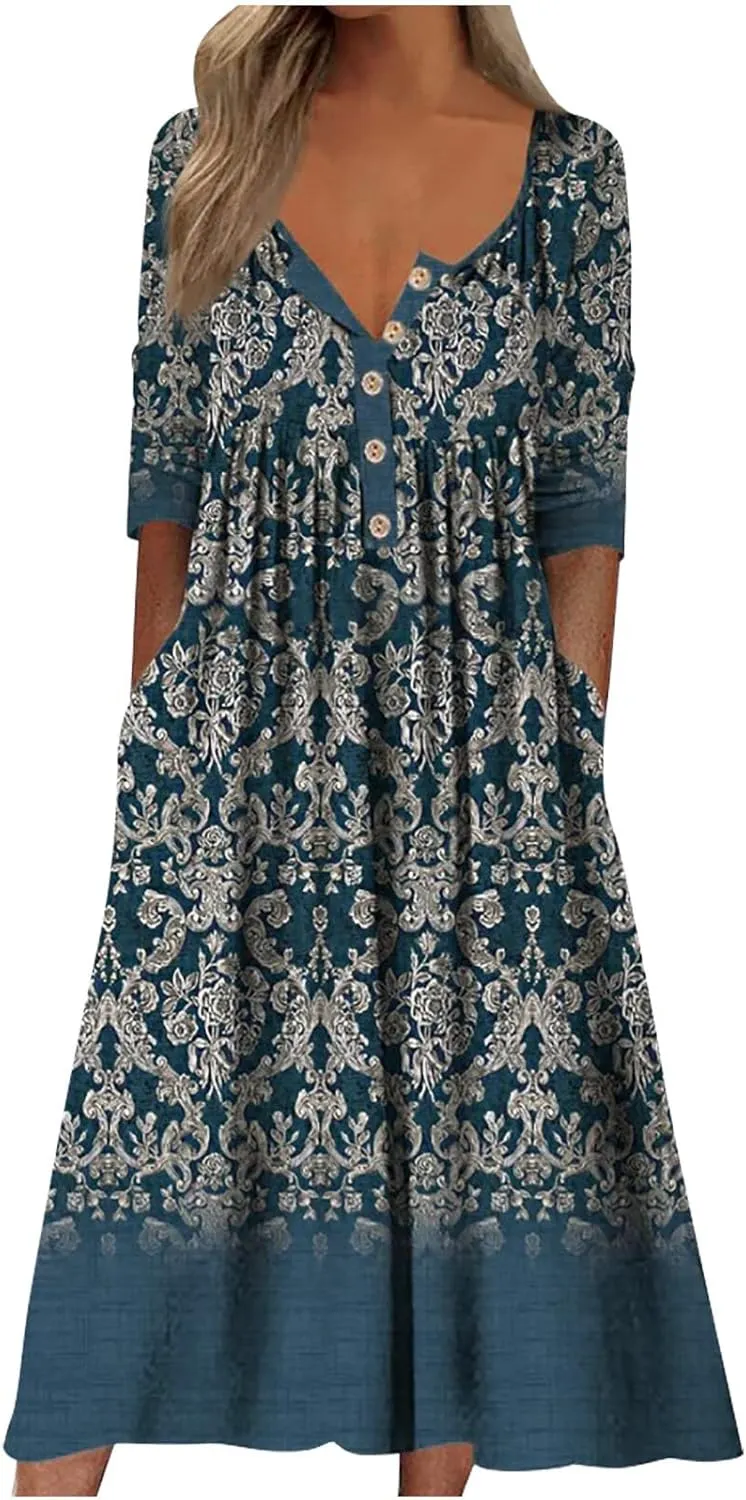 Boho Dresses for Women 2024 Short Sleeve Floral Print Maxi Dress 2024 Summer V Neck Loose Swing Dress with Pockets