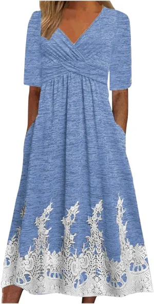 Boho Dresses for Women 2024 Short Sleeve Floral Print Maxi Dress 2024 Summer V Neck Loose Swing Dress with Pockets