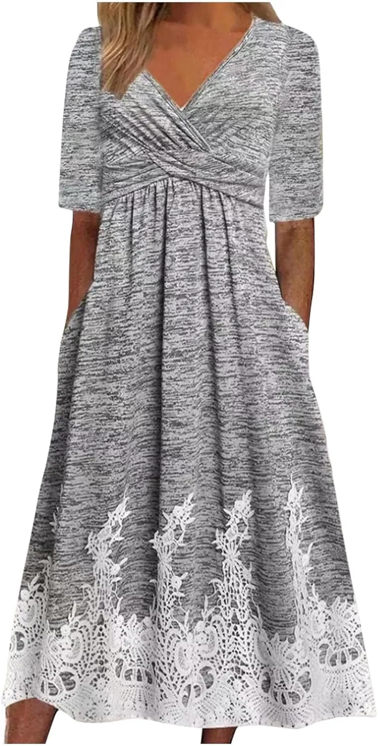 Boho Dresses for Women 2024 Short Sleeve Floral Print Maxi Dress 2024 Summer V Neck Loose Swing Dress with Pockets