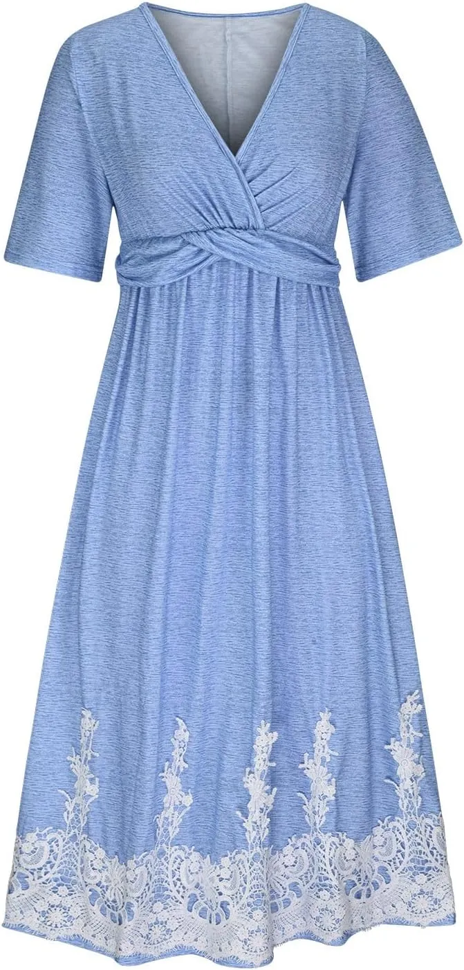 Boho Dresses for Women 2024 Short Sleeve Floral Print Maxi Dress 2024 Summer V Neck Loose Swing Dress with Pockets