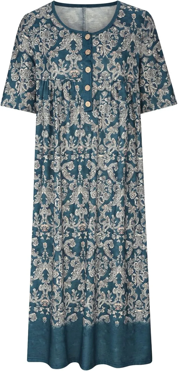 Boho Dresses for Women 2024 Short Sleeve Floral Print Maxi Dress 2024 Summer V Neck Loose Swing Dress with Pockets