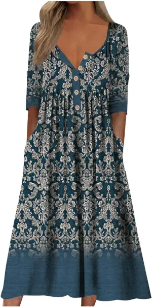 Boho Dresses for Women 2024 Short Sleeve Floral Print Maxi Dress 2024 Summer V Neck Loose Swing Dress with Pockets