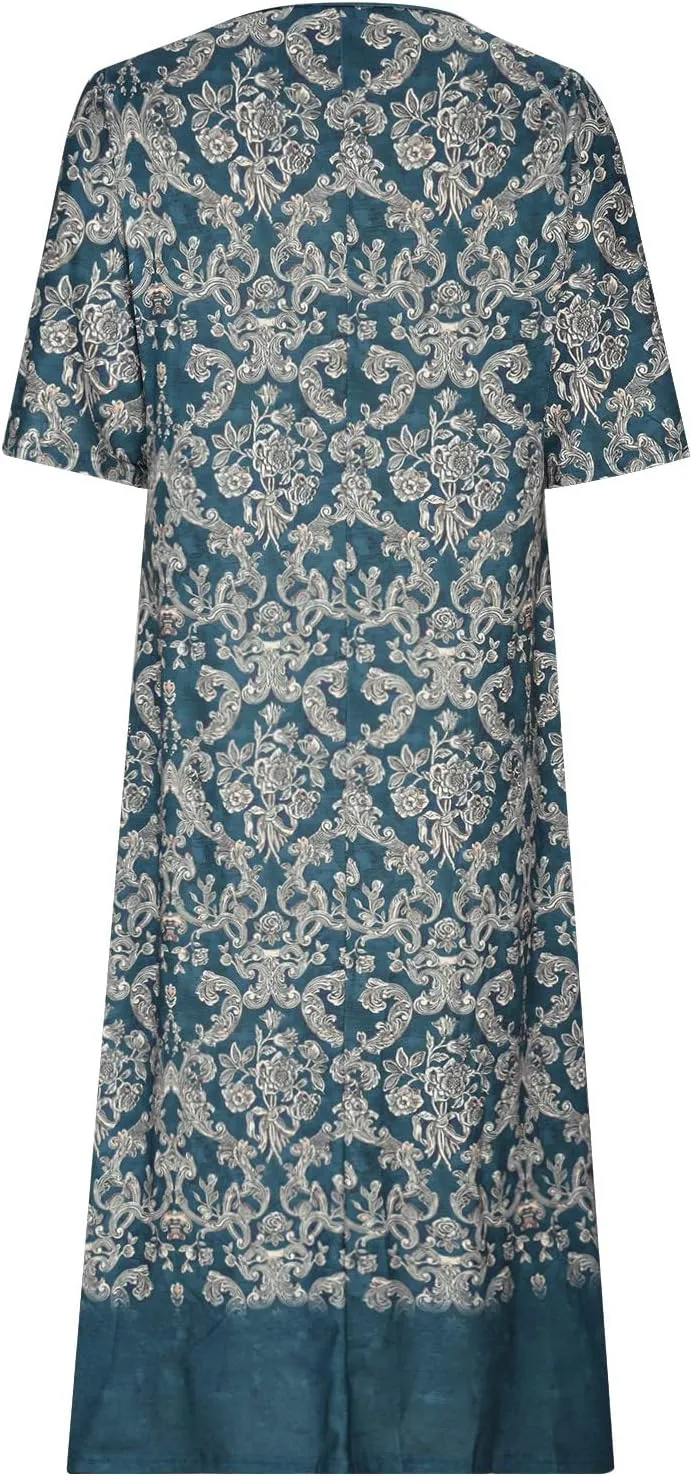 Boho Dresses for Women 2024 Short Sleeve Floral Print Maxi Dress 2024 Summer V Neck Loose Swing Dress with Pockets