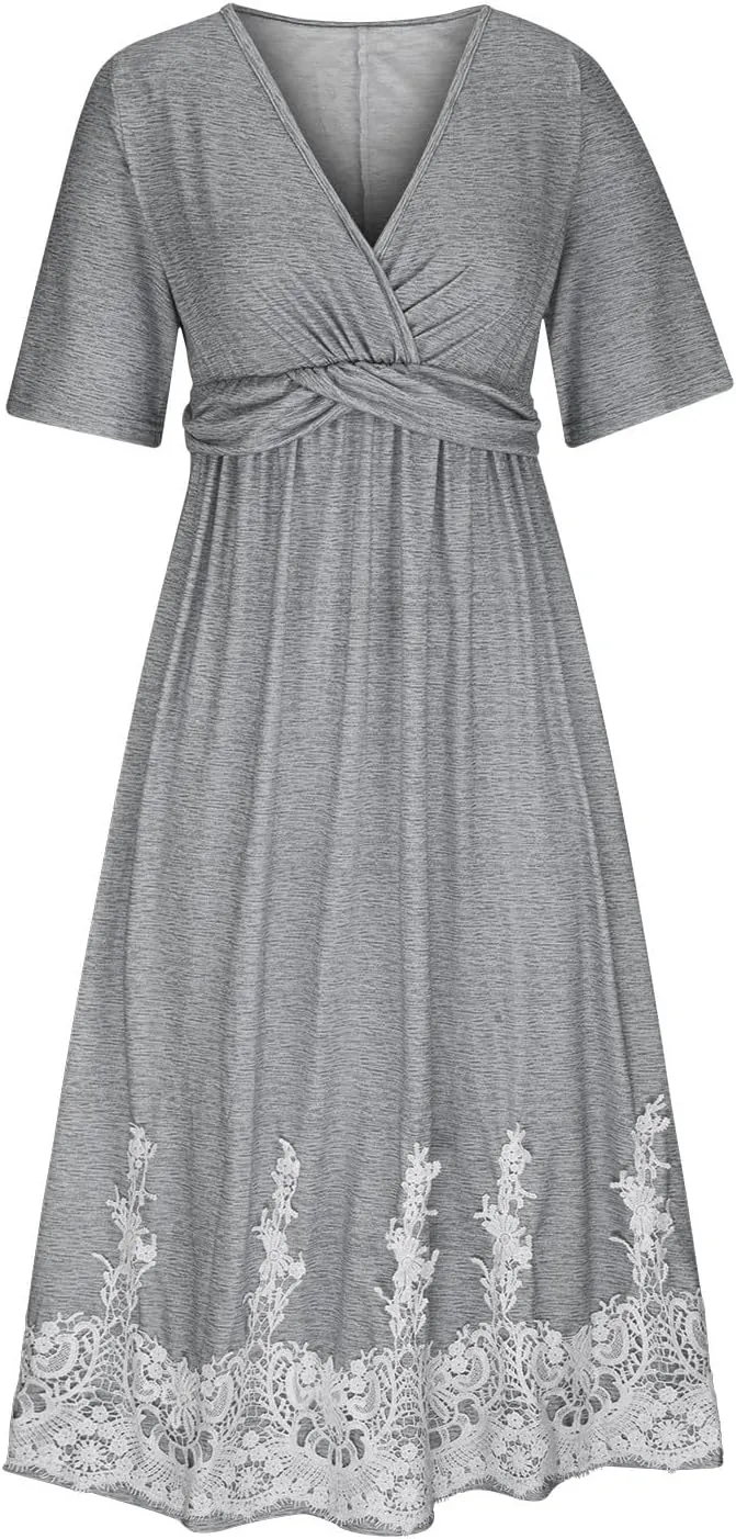 Boho Dresses for Women 2024 Short Sleeve Floral Print Maxi Dress 2024 Summer V Neck Loose Swing Dress with Pockets