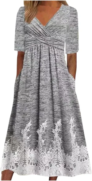 Boho Dresses for Women 2024 Short Sleeve Floral Print Maxi Dress 2024 Summer V Neck Loose Swing Dress with Pockets