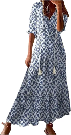 Boho Dresses for Women 2024 Summer Short Sleeve Floral Long Maxi Dresses Tassel V Neck Ruffle Flowy A-Line Dress