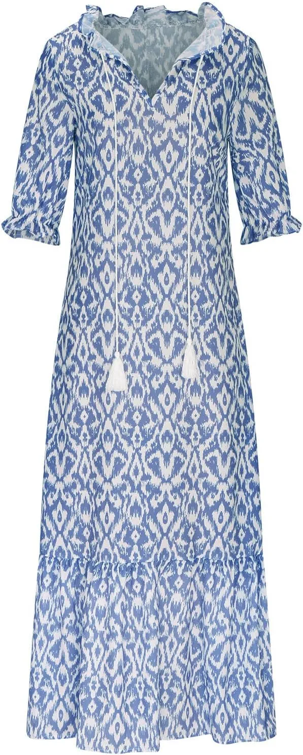 Boho Dresses for Women 2024 Summer Short Sleeve Floral Long Maxi Dresses Tassel V Neck Ruffle Flowy A-Line Dress