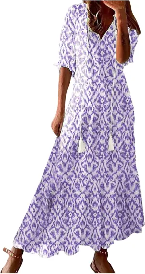 Boho Dresses for Women 2024 Summer Short Sleeve Floral Long Maxi Dresses Tassel V Neck Ruffle Flowy A-Line Dress