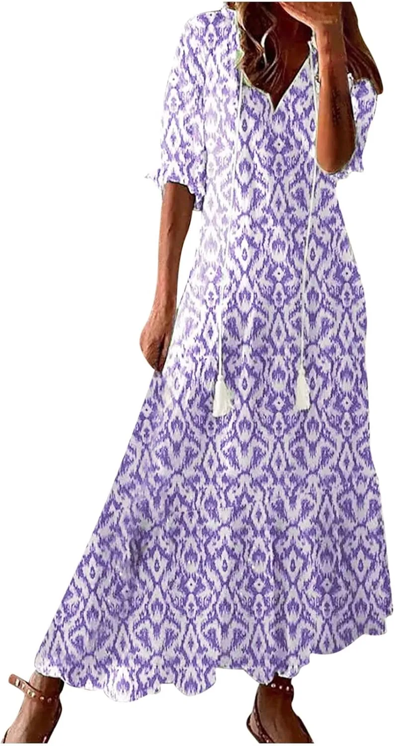 Boho Dresses for Women 2024 Summer Short Sleeve Floral Long Maxi Dresses Tassel V Neck Ruffle Flowy A-Line Dress