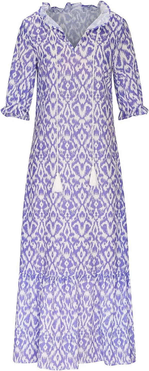 Boho Dresses for Women 2024 Summer Short Sleeve Floral Long Maxi Dresses Tassel V Neck Ruffle Flowy A-Line Dress