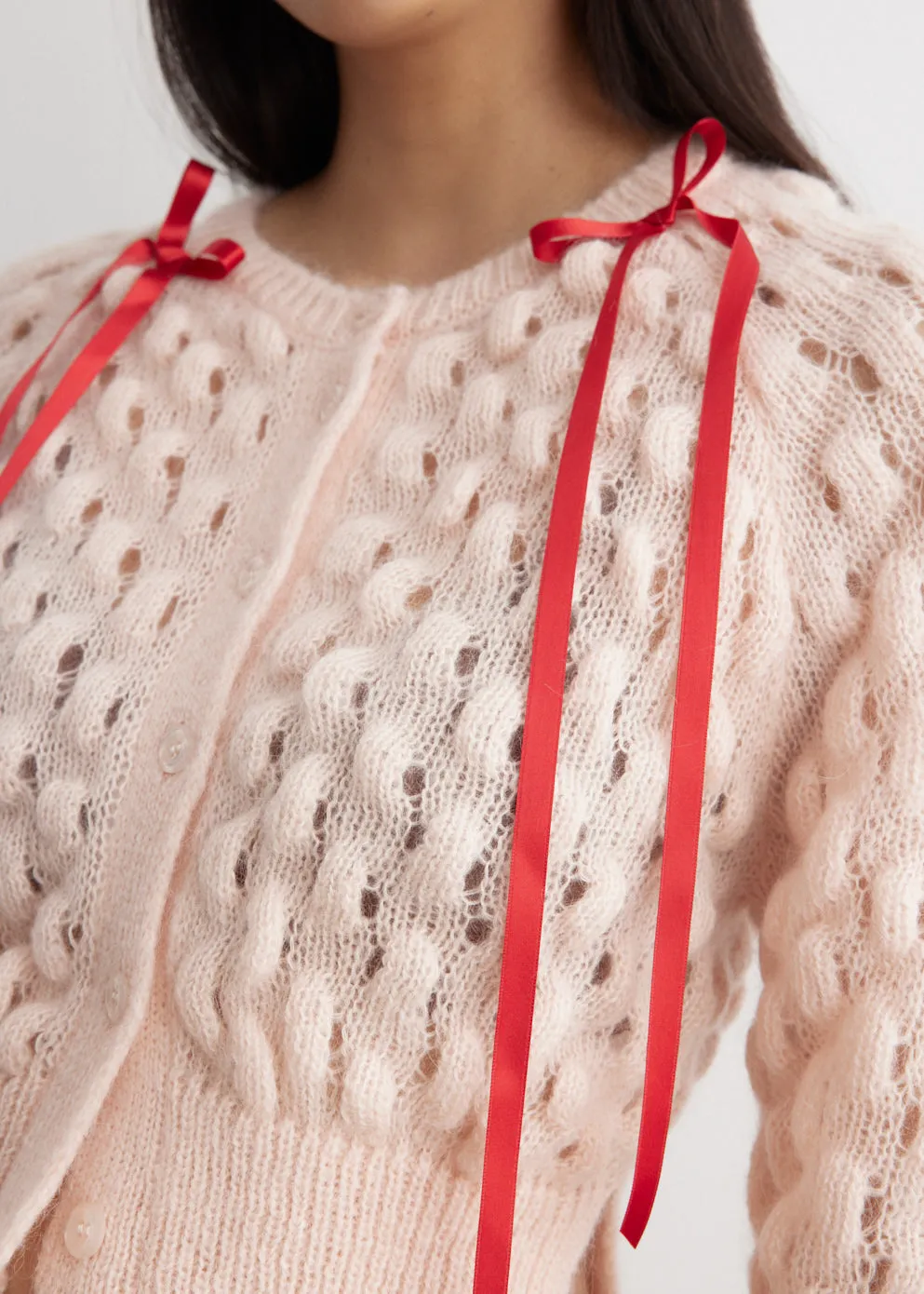Bow Detail Bubble Knit Cardigan