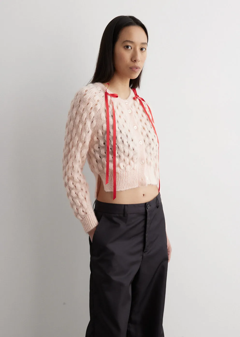 Bow Detail Bubble Knit Cardigan