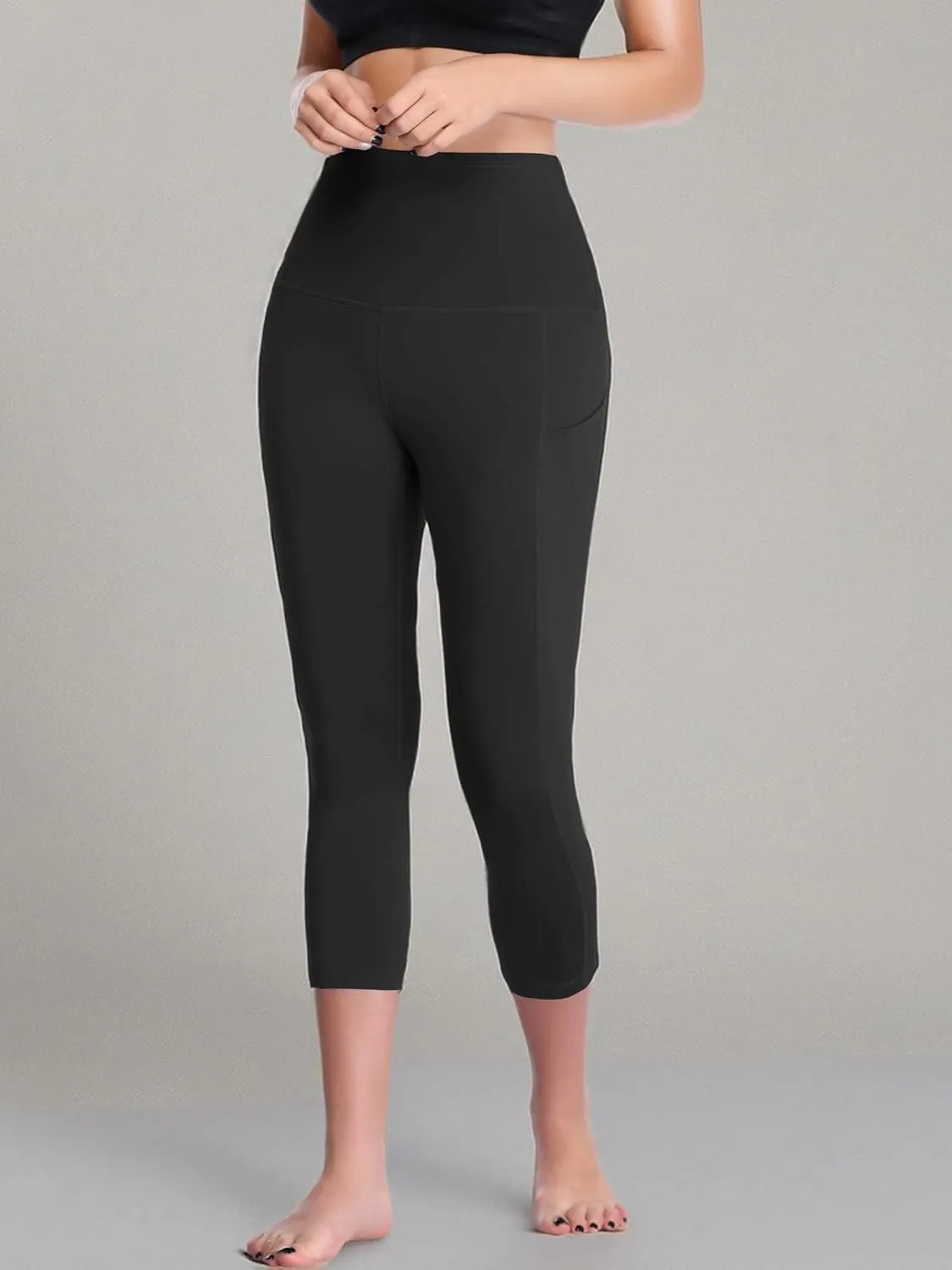 CADMUS Womens High Waist Workout Legging Capris for Yoga w Side Pockets