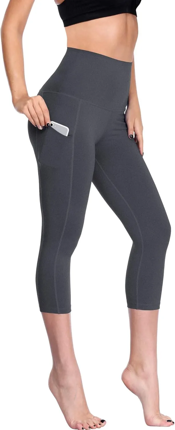 CADMUS Womens High Waist Workout Legging Capris for Yoga w Side Pockets