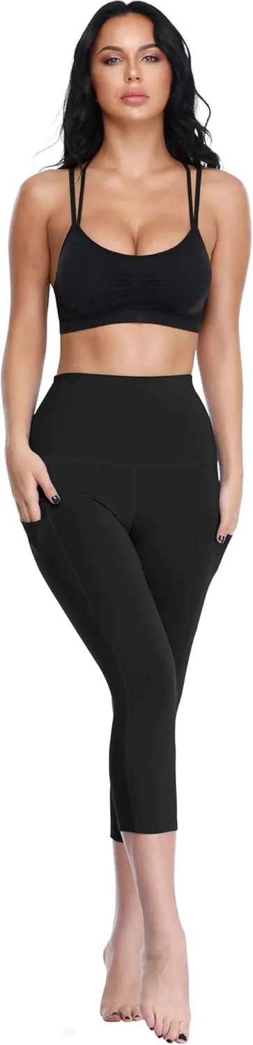 CADMUS Womens High Waist Workout Legging Capris for Yoga w Side Pockets