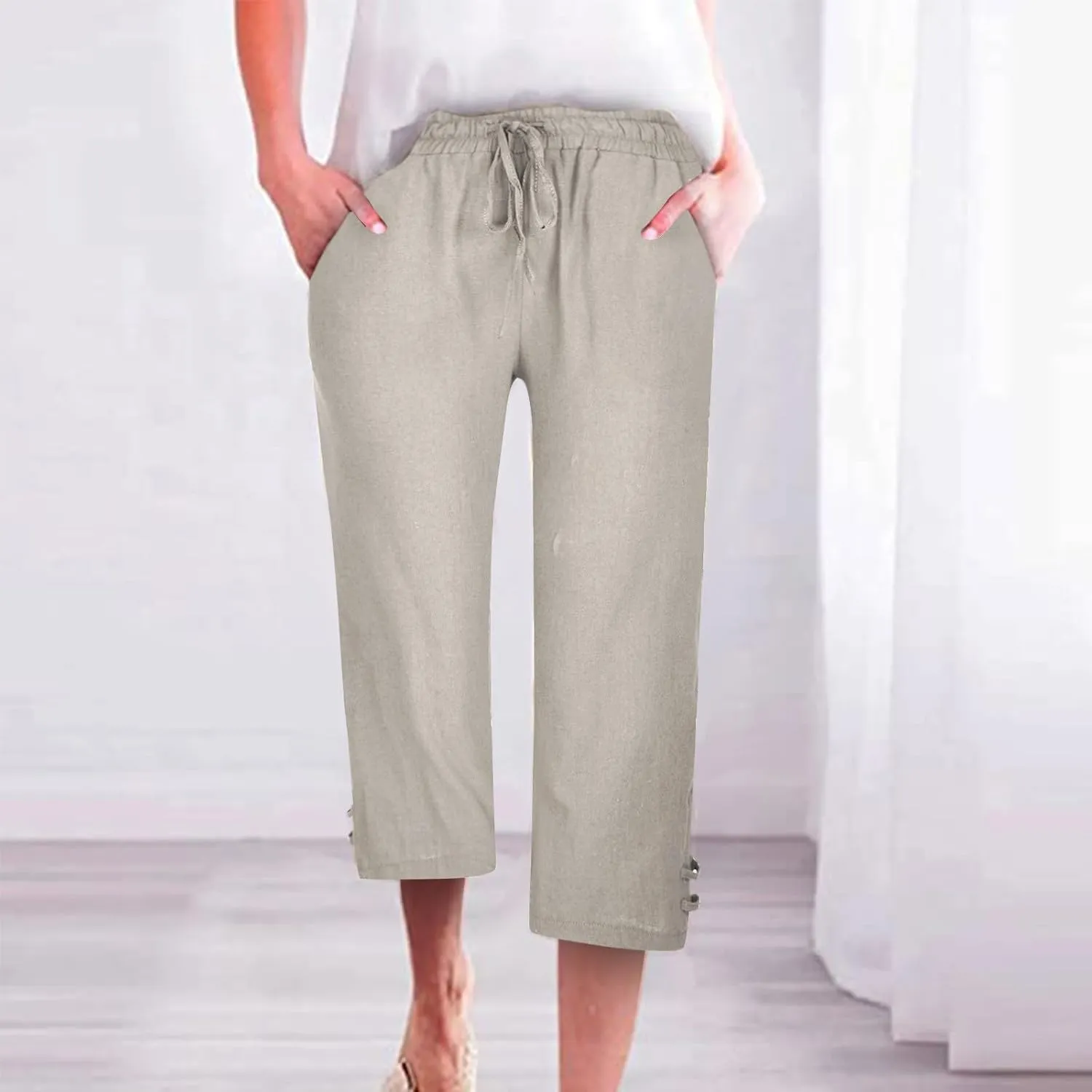 Capri Pants for Women Seven Eighth Length Casual Trousers Side Pockets Split Hem Lightweight Linen Blend