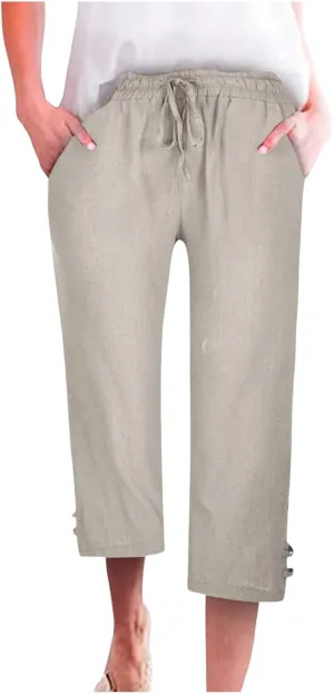 Capri Pants for Women Seven Eighth Length Casual Trousers Side Pockets Split Hem Lightweight Linen Blend