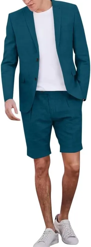 Casual Linen Short Suit Sets for Men Summer Suit Beach Wedding 2 Piece Tuxedo Blazer Shorts Suit