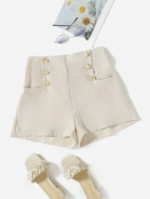 Casual Plain Fake Buttons High Waist Women Shorts