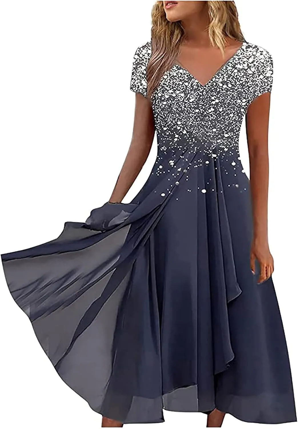 Ceboyel Women's Floral Flowy Sumemr Dress V Neck Short Sleeve Maxi Dresses Boho Casual Long Dress Trendy Beach Outfits 2023