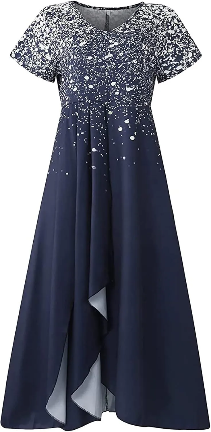 Ceboyel Women's Floral Flowy Sumemr Dress V Neck Short Sleeve Maxi Dresses Boho Casual Long Dress Trendy Beach Outfits 2023