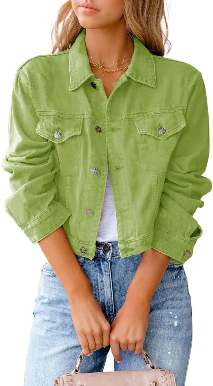 CHARTOU Women's Solid Candy Color Button Down Denim Cropped Jean Jacket Coat
