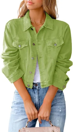 CHARTOU Women's Solid Candy Color Button Down Denim Cropped Jean Jacket Coat