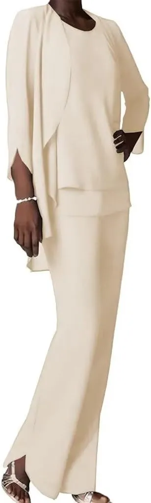 Chiffon Mother of The Bride Pant Suits for Wedding 3 PCS Formal Evening Pant Suits for Women Dressy