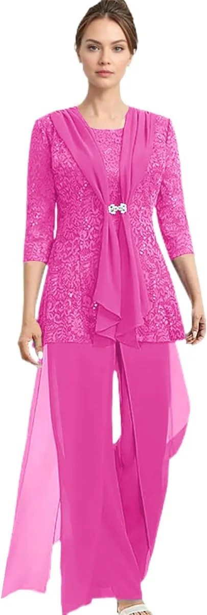 Chiffon Mother of The Bride Pantsuit for Women Dressy 3/4 Sleeve Mother of The Groom Jumpsuit 3 Pcs with Jacket