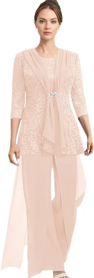 Chiffon Mother of The Bride Pantsuit for Women Dressy 3/4 Sleeve Mother of The Groom Jumpsuit 3 Pcs with Jacket