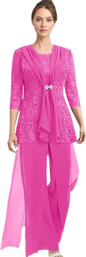 Chiffon Mother of The Bride Pantsuit for Women Dressy 3/4 Sleeve Mother of The Groom Jumpsuit 3 Pcs with Jacket