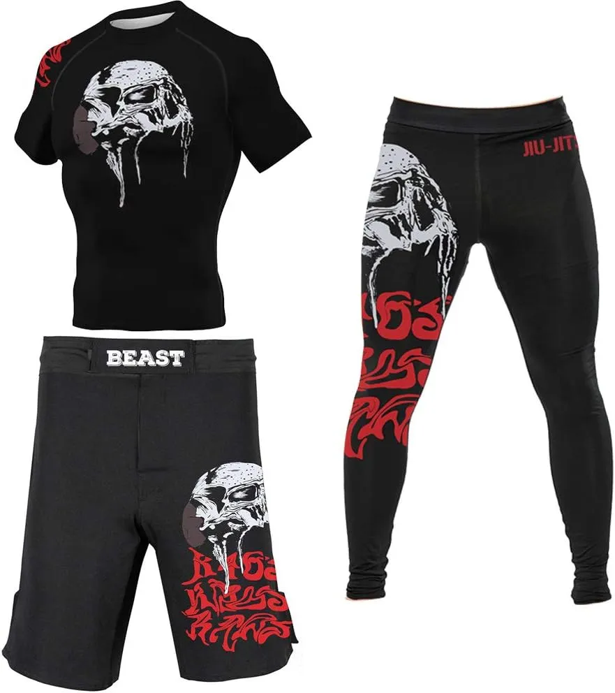 CHOO Men's Skull Moisture Wicking Gym T-Shirt Quick-Dry Stretch Clothing(Shortsleeve   Spats/Shorts), XX-Large