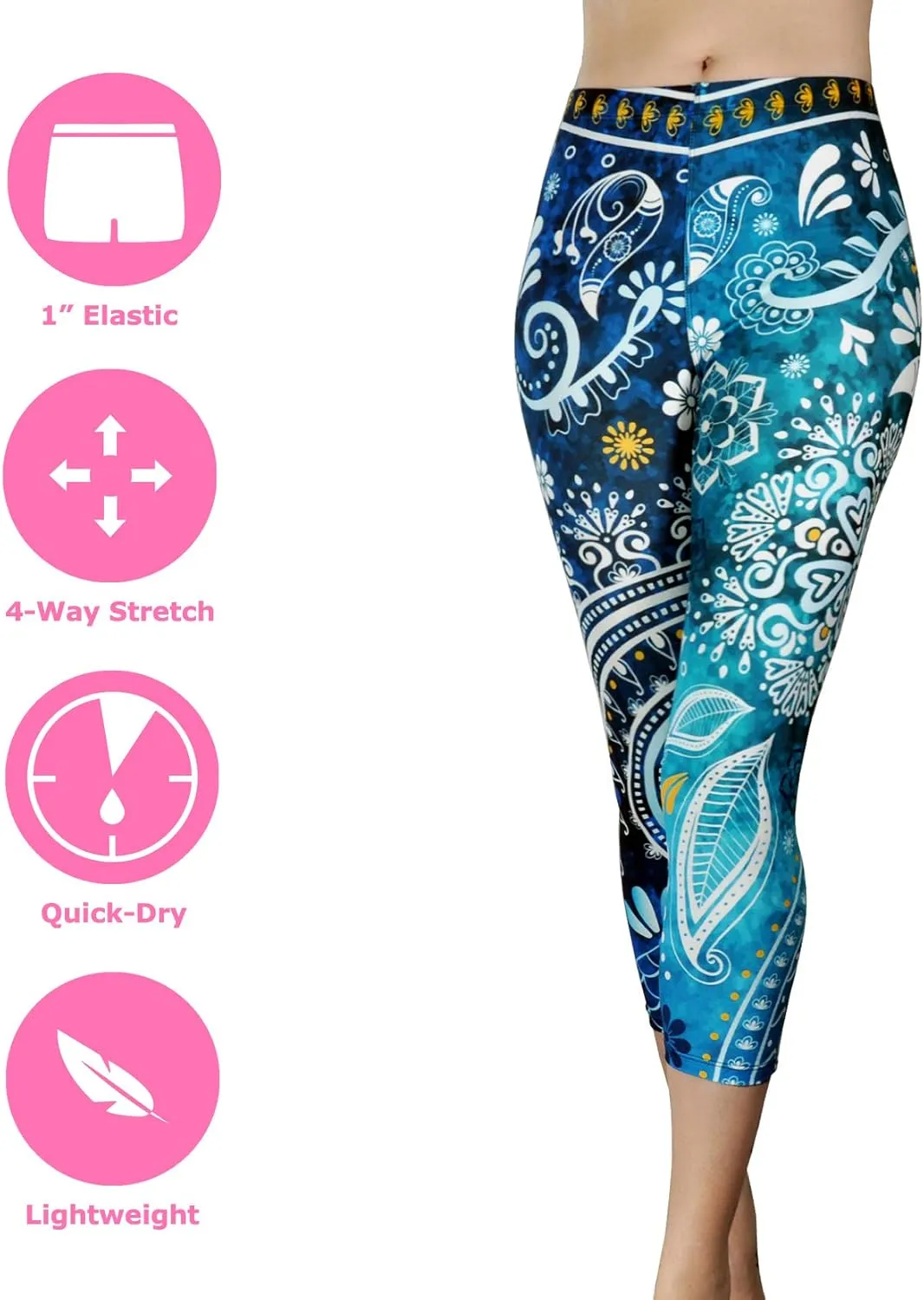 Comfy Yoga Pants - Workout Capris - High Waist Workout Leggings for Women - Lightweight Printed Yoga Legging - Size S/M 4-10