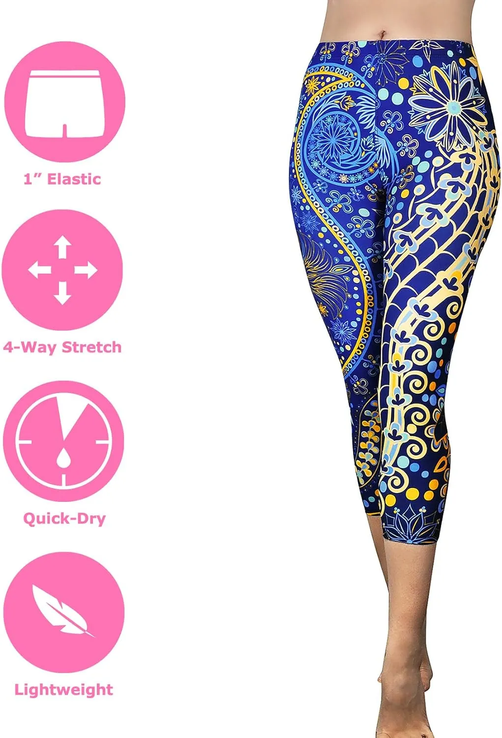 Comfy Yoga Pants - Workout Capris - High Waist Workout Leggings for Women - Lightweight Printed Yoga Legging - Size S/M 4-10