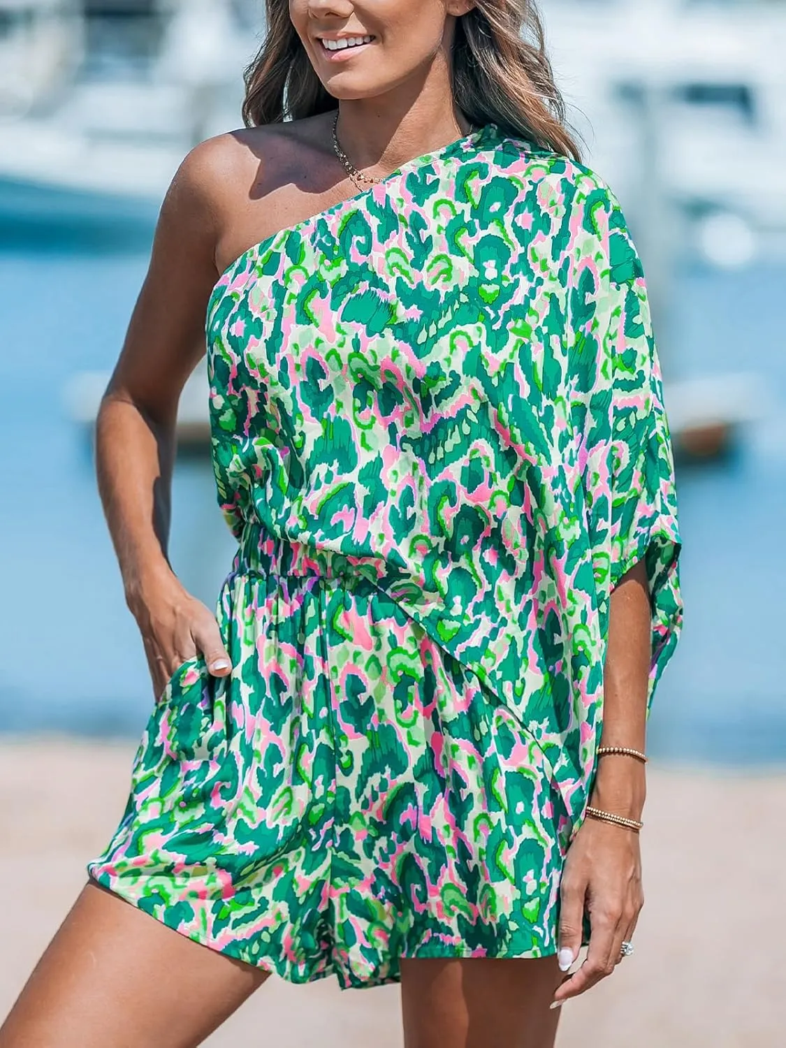 CUPSHE Women's One Shoulder Romper 3/4 Sleeve Wide Leg Mini Jumpsuit Short Draped Bodice Romper Casual Summer Loose Outfit