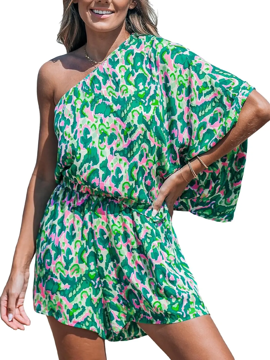 CUPSHE Women's One Shoulder Romper 3/4 Sleeve Wide Leg Mini Jumpsuit Short Draped Bodice Romper Casual Summer Loose Outfit