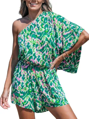 CUPSHE Women's One Shoulder Romper 3/4 Sleeve Wide Leg Mini Jumpsuit Short Draped Bodice Romper Casual Summer Loose Outfit