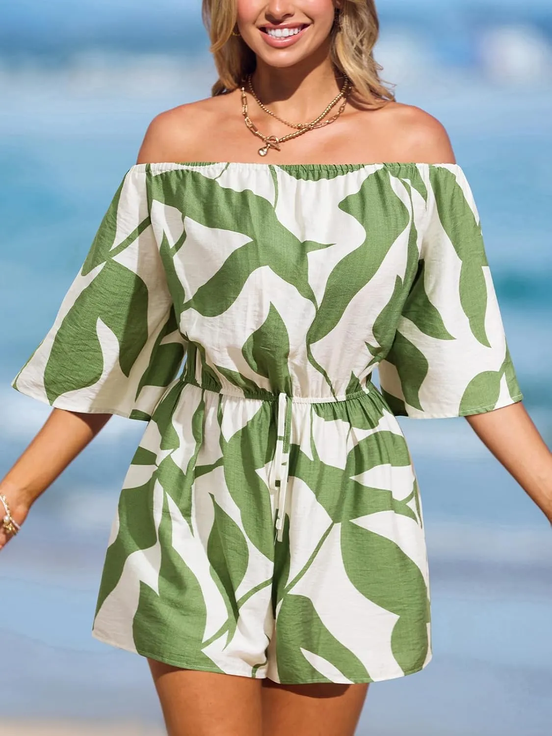 CUPSHE Women's Summer Casual 3/4 Sleeve Romper Wide Leg Floral Tropical Off Shoulder Elastic Waist Jumpsuit with Pockets