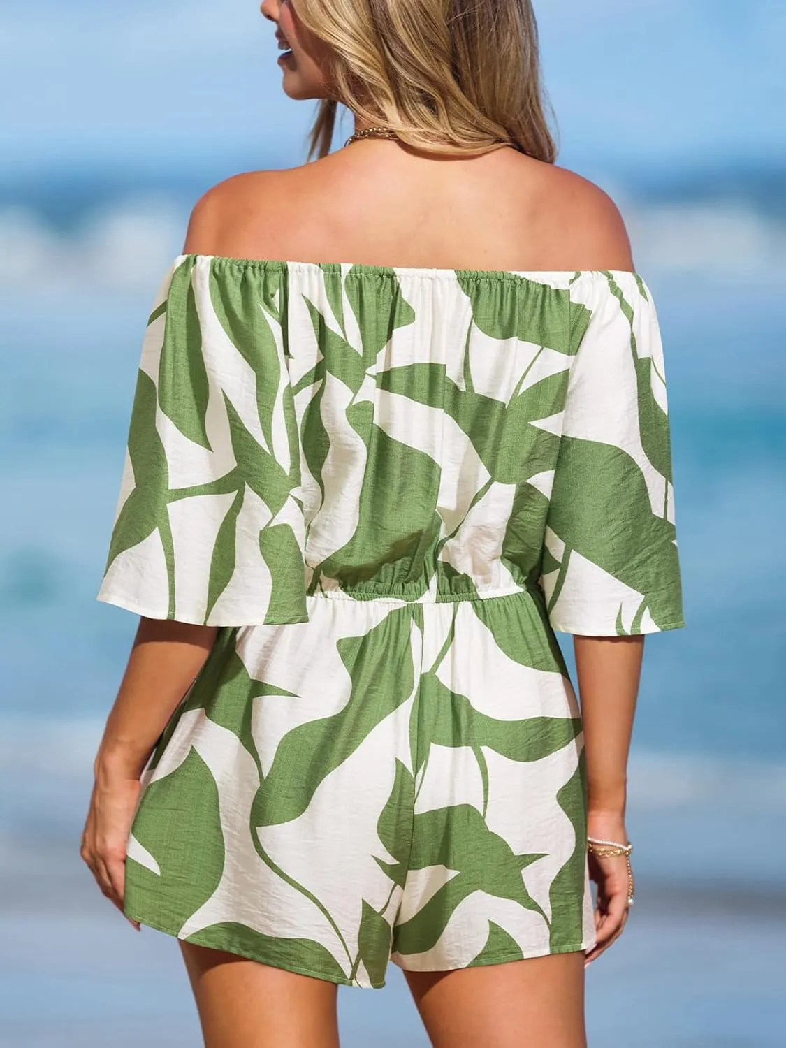 CUPSHE Women's Summer Casual 3/4 Sleeve Romper Wide Leg Floral Tropical Off Shoulder Elastic Waist Jumpsuit with Pockets