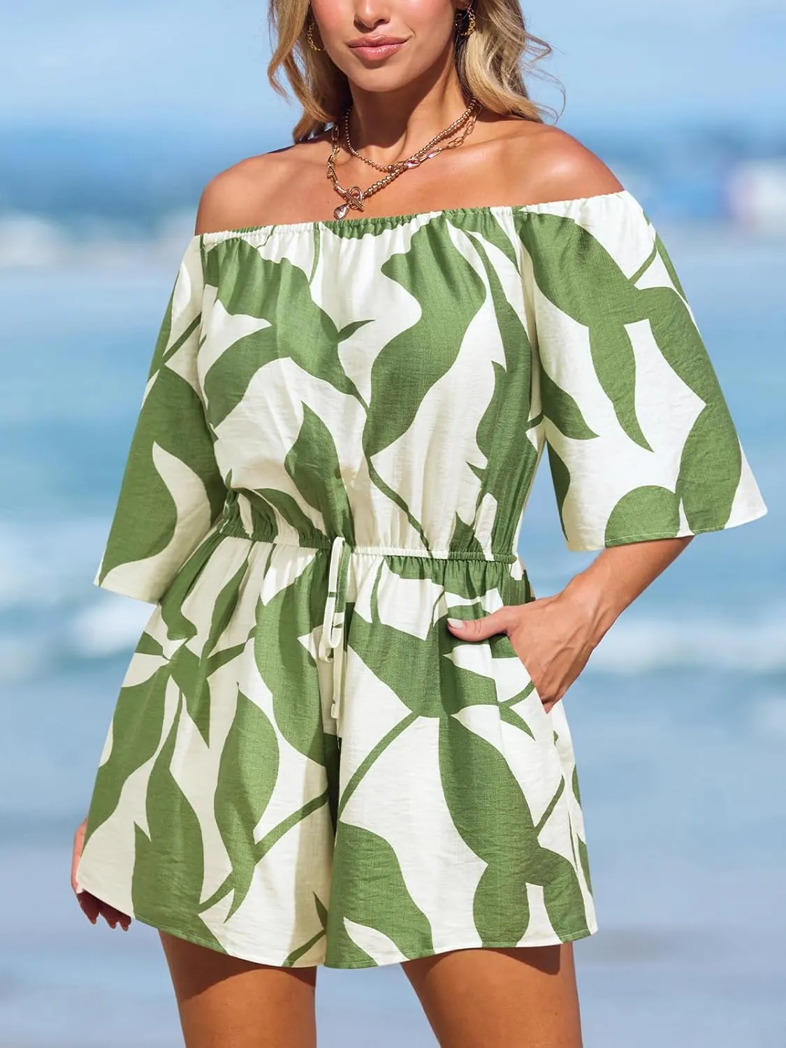 CUPSHE Women's Summer Casual 3/4 Sleeve Romper Wide Leg Floral Tropical Off Shoulder Elastic Waist Jumpsuit with Pockets