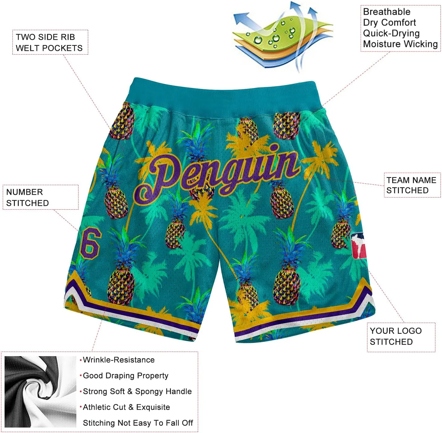 Custom Hawaii Rib-Knit Basketball Short Stitched Name and Number Printed Pattern Dry-Fit Sport Active Athletic Shorts