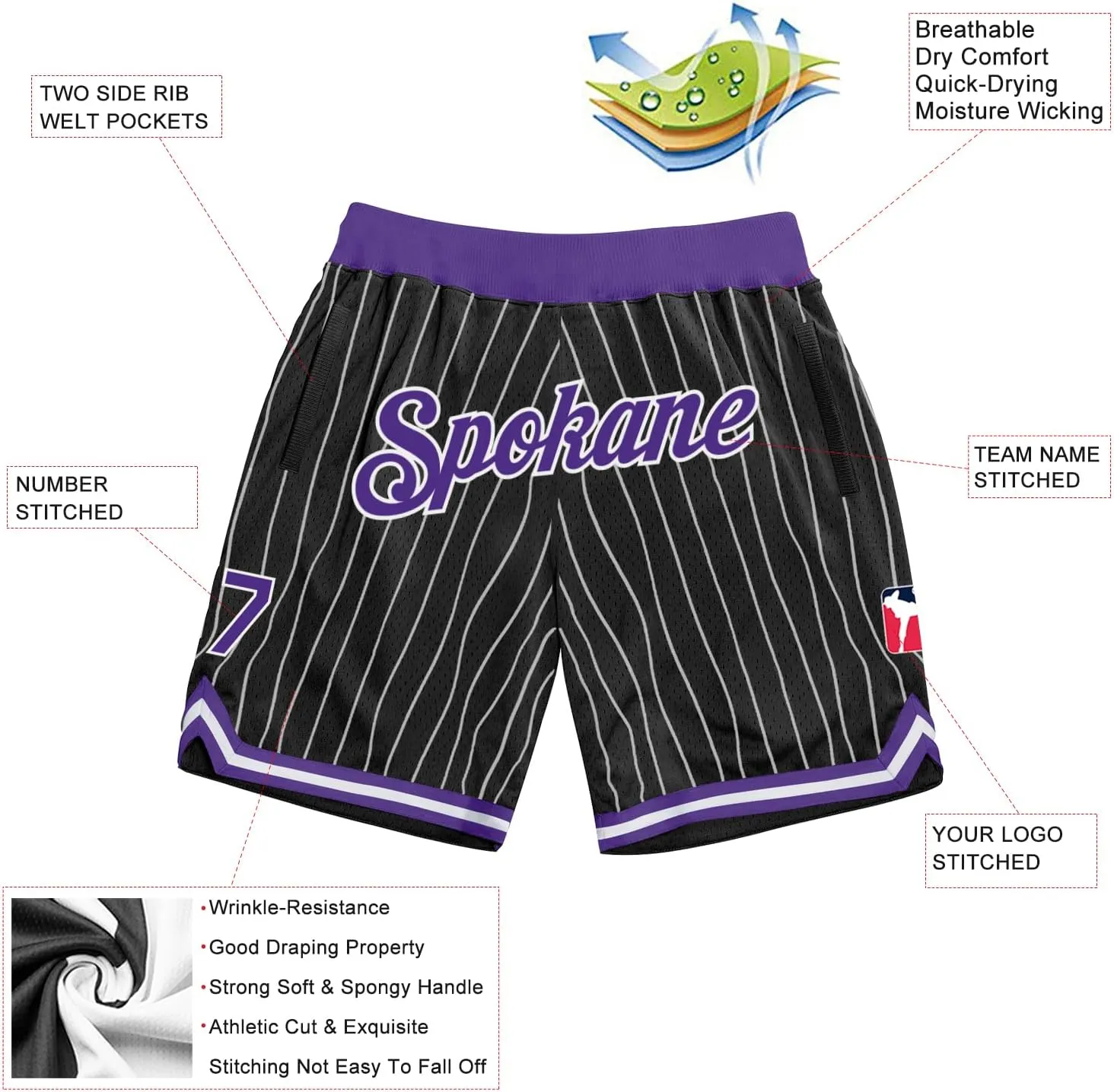 Custom Hawaii Rib-Knit Basketball Short Stitched Name and Number Printed Pattern Dry-Fit Sport Active Athletic Shorts