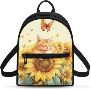 Cute Cat Small Backpack for Women Men Sunflower School Bookbag for Teens Butterfly Small Diaper Bag Backpack with Compartment Portable Shoulder Bag with Zipper and Handle