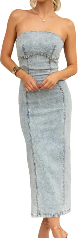 Denim Dress for Women Strapless Tube Denim Midi Dress Sexy Sleeveless Bodycon Back Split Long Jean Dresses