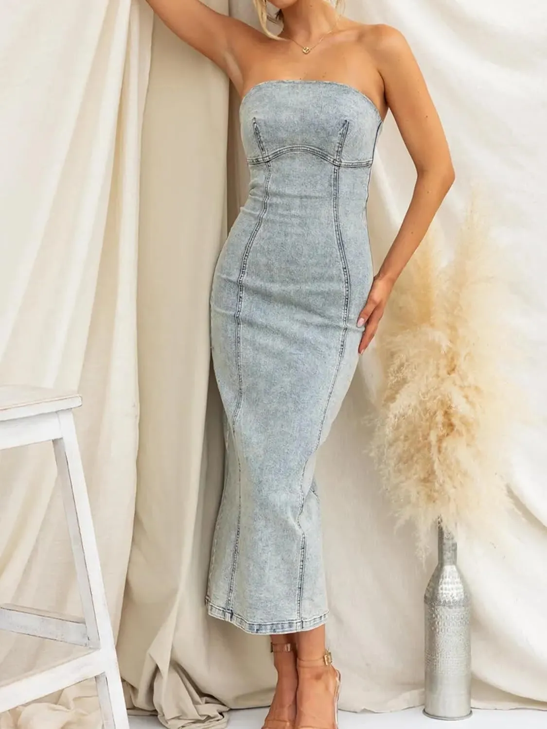 Denim Dress for Women Strapless Tube Denim Midi Dress Sexy Sleeveless Bodycon Back Split Long Jean Dresses