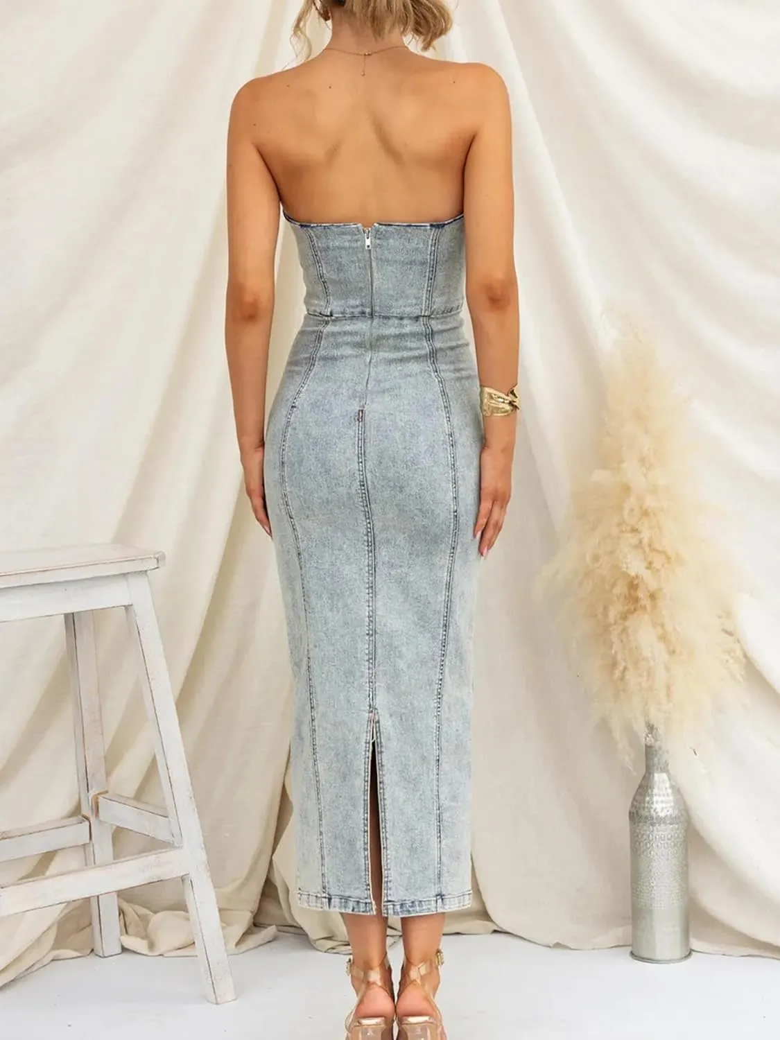 Denim Dress for Women Strapless Tube Denim Midi Dress Sexy Sleeveless Bodycon Back Split Long Jean Dresses