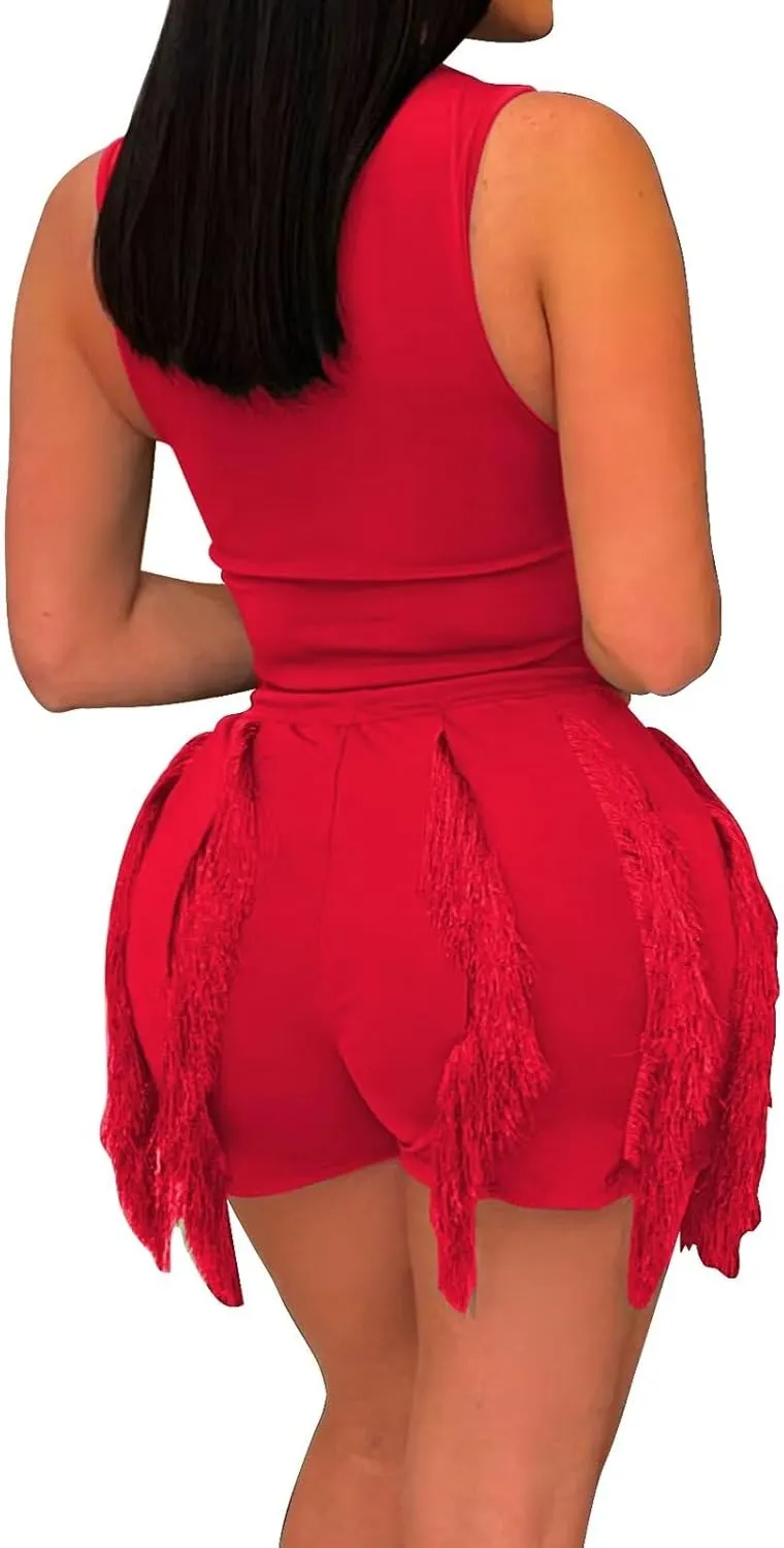 EDITCOZY Women Fringe Shorts 2 Piece Pants Sets Outfits Sexy Tassel Romper Club Going Out Birthday Party Night