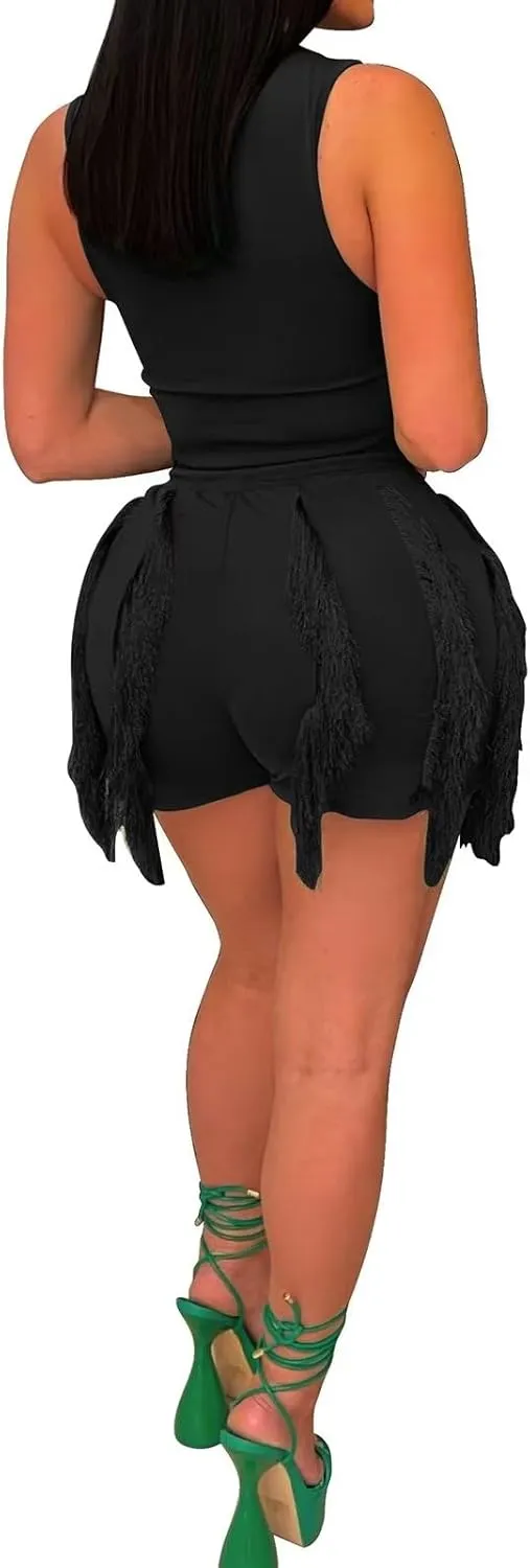 EDITCOZY Women Fringe Shorts 2 Piece Pants Sets Outfits Sexy Tassel Romper Club Going Out Birthday Party Night