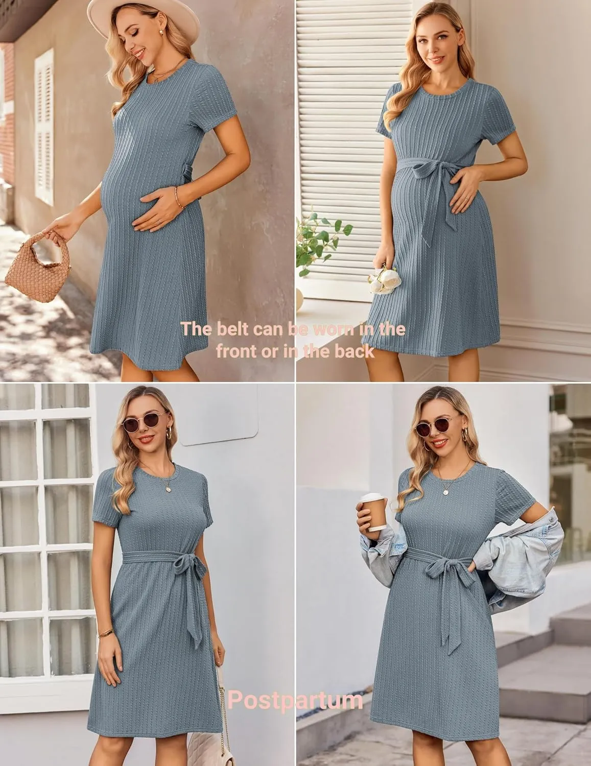 Ekouaer Women's Maternity Dress Short Sleeve Casual Pregnancy Dresses Rib Knit Crewneck Pregnant Clothes with Belt