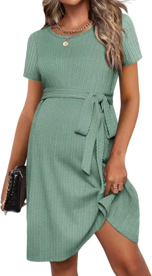 Ekouaer Women's Maternity Dress Short Sleeve Casual Pregnancy Dresses Rib Knit Crewneck Pregnant Clothes with Belt